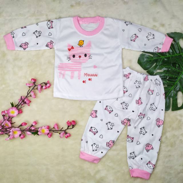 [Ss-8014] Setelan Baju Panjang Bayi size 0-12bulan / Piyama Bayi Gambar Miau / Baju Tidur Bayi