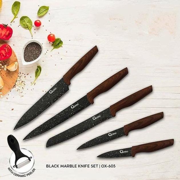 Oxone Pisau Dapur Set 6pc OX-605 Black Marble Knife Peeler Stainless