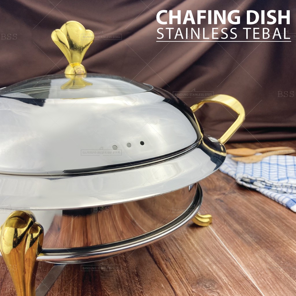 Chafing Dish Tempat Wadah Prasmanan Makanan Saji Stainless Tebal 22cm 24cm Silver Emas Mewah Elegan