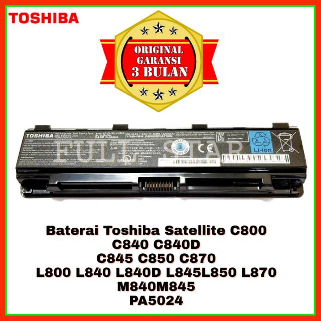 Baterai Laptop Toshiba Satellite C800 C800D C840 C845 C850 C855 L800 L840 L840D L845 L850 L850D L870 L870D L875 M840 M845 PA5024 ORIGINAL