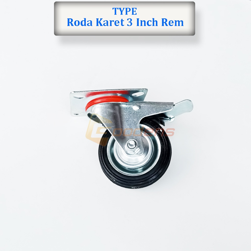 Roda Karet 3 Inch Rem Roda Caster Roda Gepeng