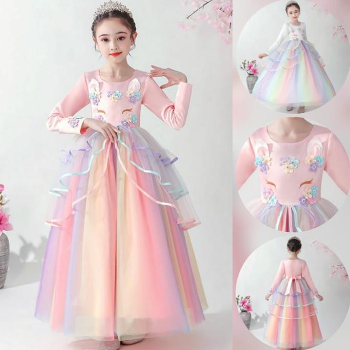 Dress Anak Sz 4-9Th Baju Pesta Anak Panjang Gaun Pesta Anak Unicorn