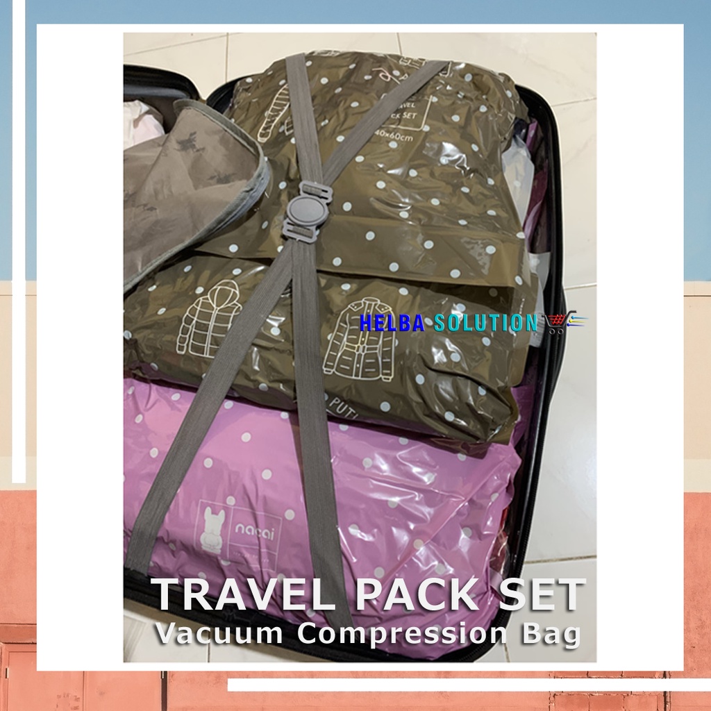 Travel Pack SET Plastik Vakum Pakaian Kedap Udara Vacuum Bag Kantong Press Baju Hand Roller Kompres Kedap Udara