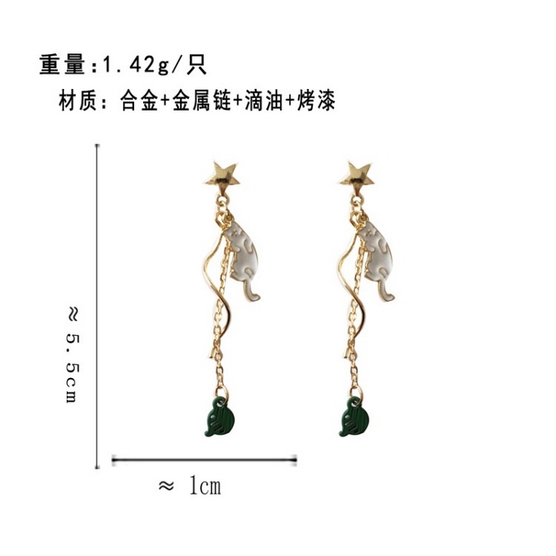 Kitten Cat Flower Asymmetrical Long Tassel Pendant Rhinestone Painting Oil Stud Earrings Korean Fashion Jewelry Ladies Cute Accessories