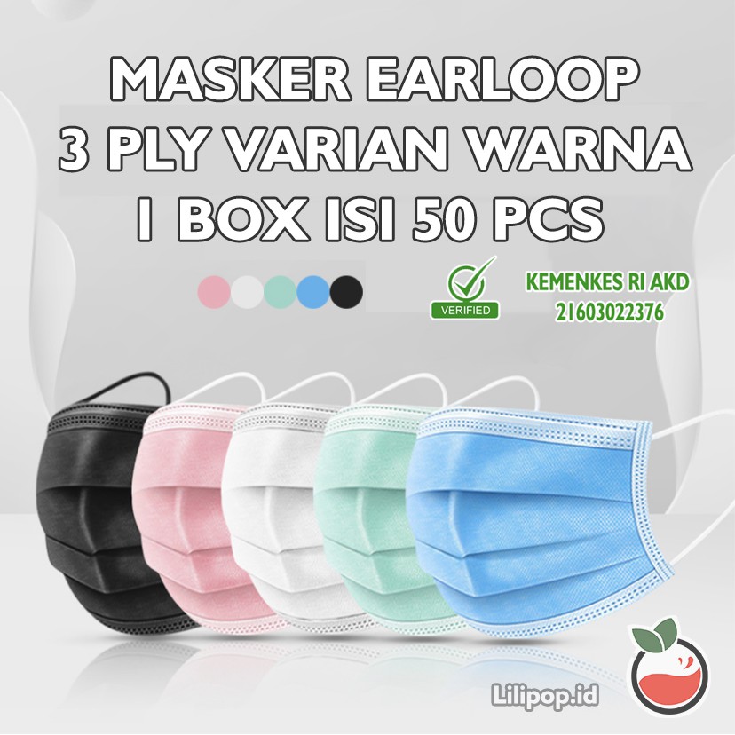 Masker Earloop 3 Ply isi 50 Pcs Murah Warna Pink Biru Hijau Hitam