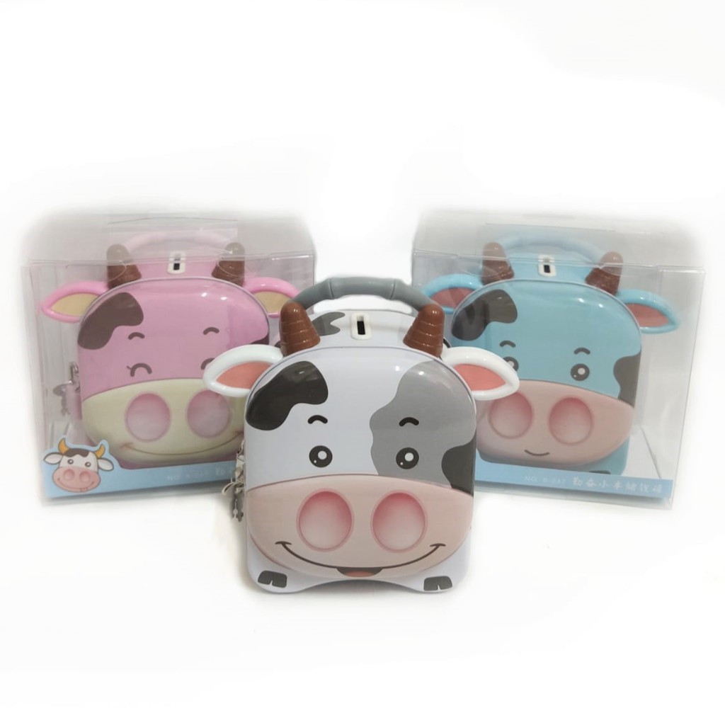 CELENGAN KALENG GEMBOK ANAK LUCU BENTUK SAPI SOUVENIR CELENGAN HADIAH ULTAH PIGGY BANK KOIN S-247