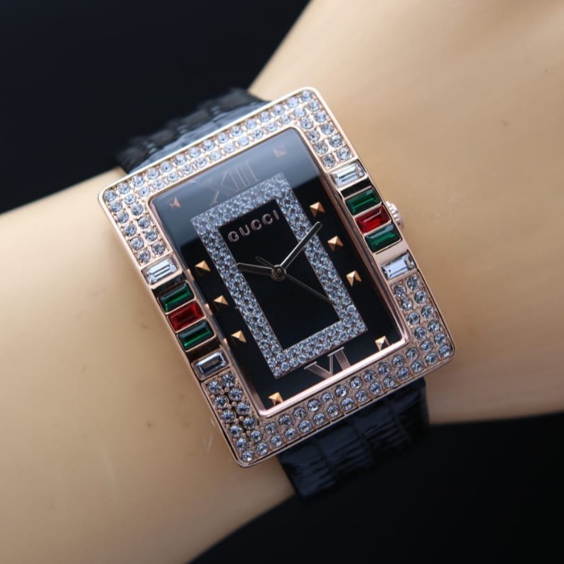 ( COD ) Best Seller Jam Tangan Wanita Gucci's Diamond Segi SJ 1529 Body Rose Free Baterai & Box