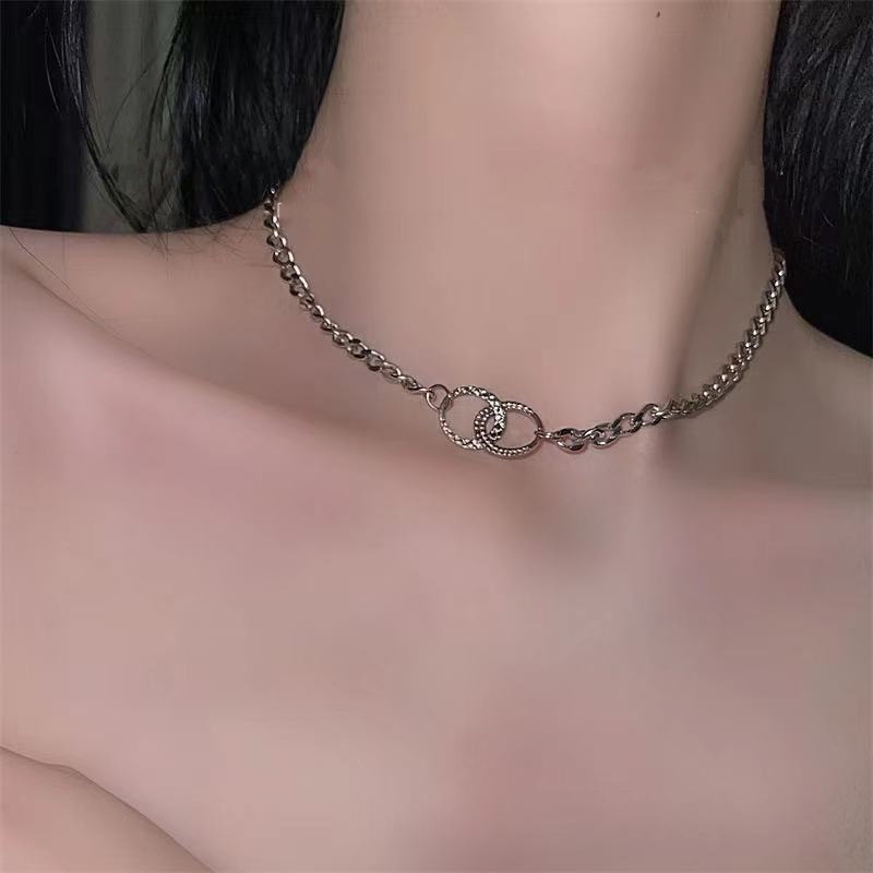 Kalung Rantai Klavikula Model Lingkaran Ganda Bahan Alloy Gaya Hip Hop Korea