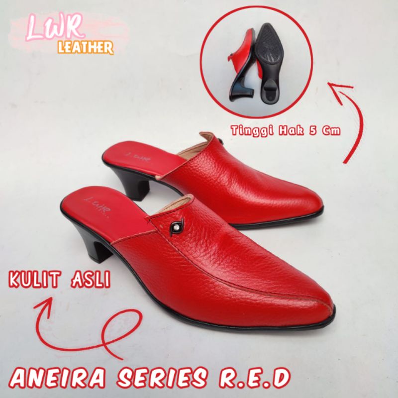 Sandal Sepatu Wanita Asli Kulit Hak 5 Cm Sendal Cewek Merah Kulit Asli