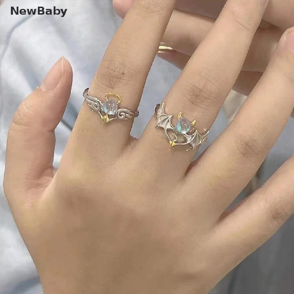 Newbaby 2022 Cincin Pasangan Desain Angel Devil Moonstone Warna Silver Untuk Priawanita