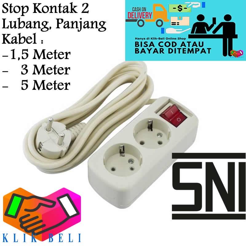 Stop Kontak 2 Lubang Panjang Kabel 1,5 / 3 / 5 / 10 Meter Colokan Cok Listrik SNI Original