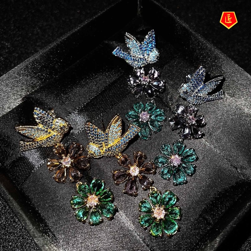 [Ready Stock]Luxury Vintage Flower Full Diamond Bird Earrings