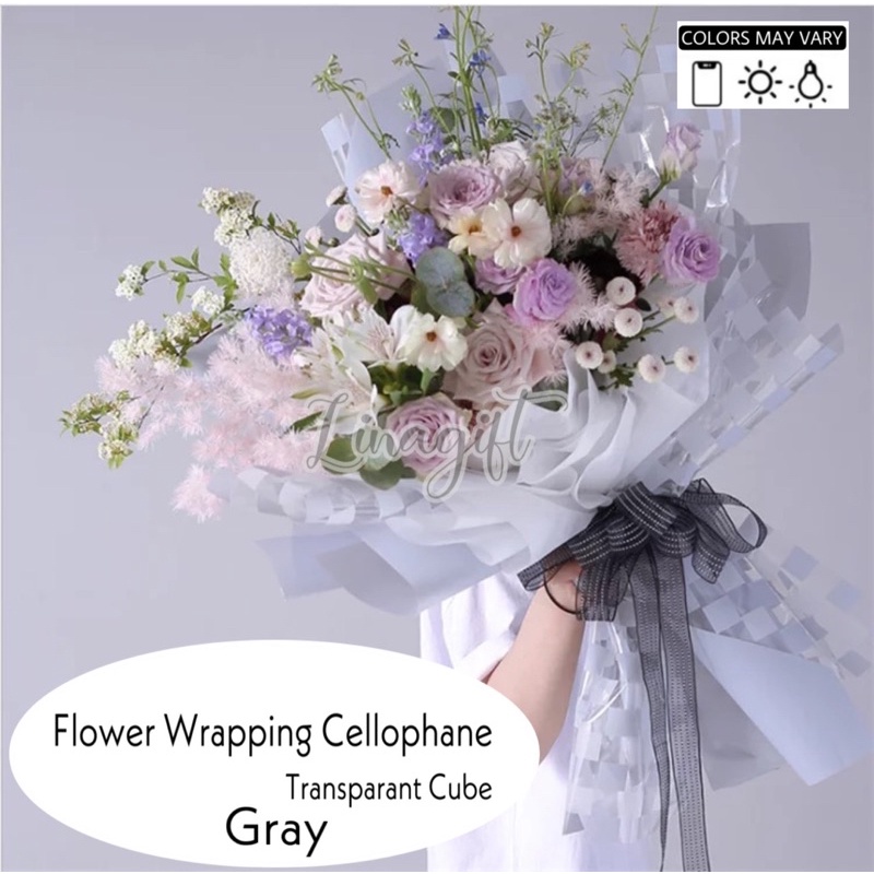 ( 5 Lembar ) TRANSPARANT CUBE - FLOWER WRAPPING PAPER KERTAS BUNGA KOREAN CELLOPHANE PLASTIC KARANGAN BUKET