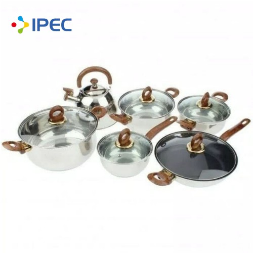 Panci Wajan Set Panci set 12pcs Stainless steel with tutup kaca frypan dan teko Q2 8212