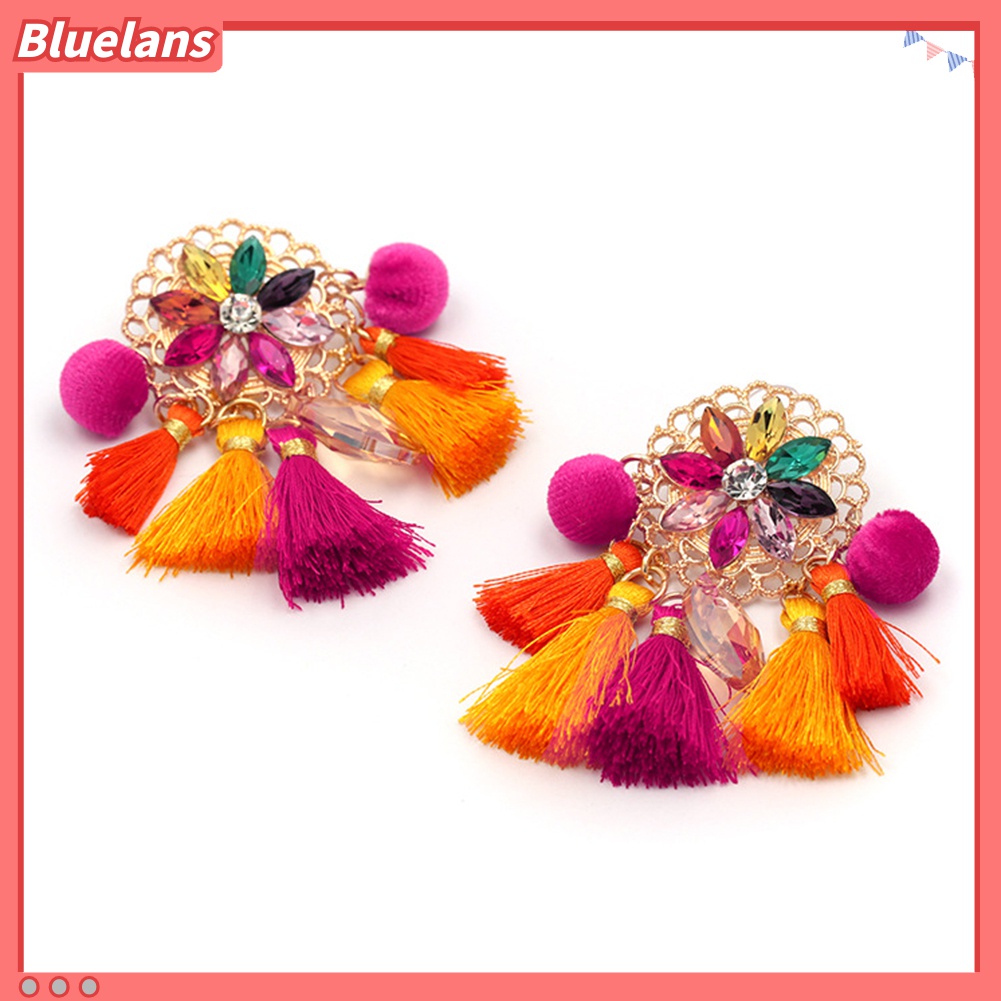 Anting Stud Panjang Rumbai Pompom Berlian Imitasi Gaya Boho Untuk Wanita