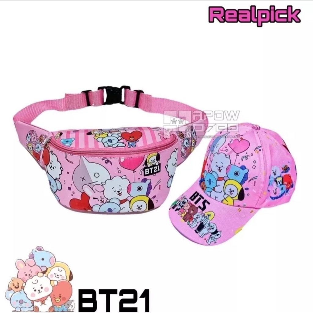 Paket 2in1 Tas selempang BT21 PINK TOPI BTS WAISTBAG Anak perempuan