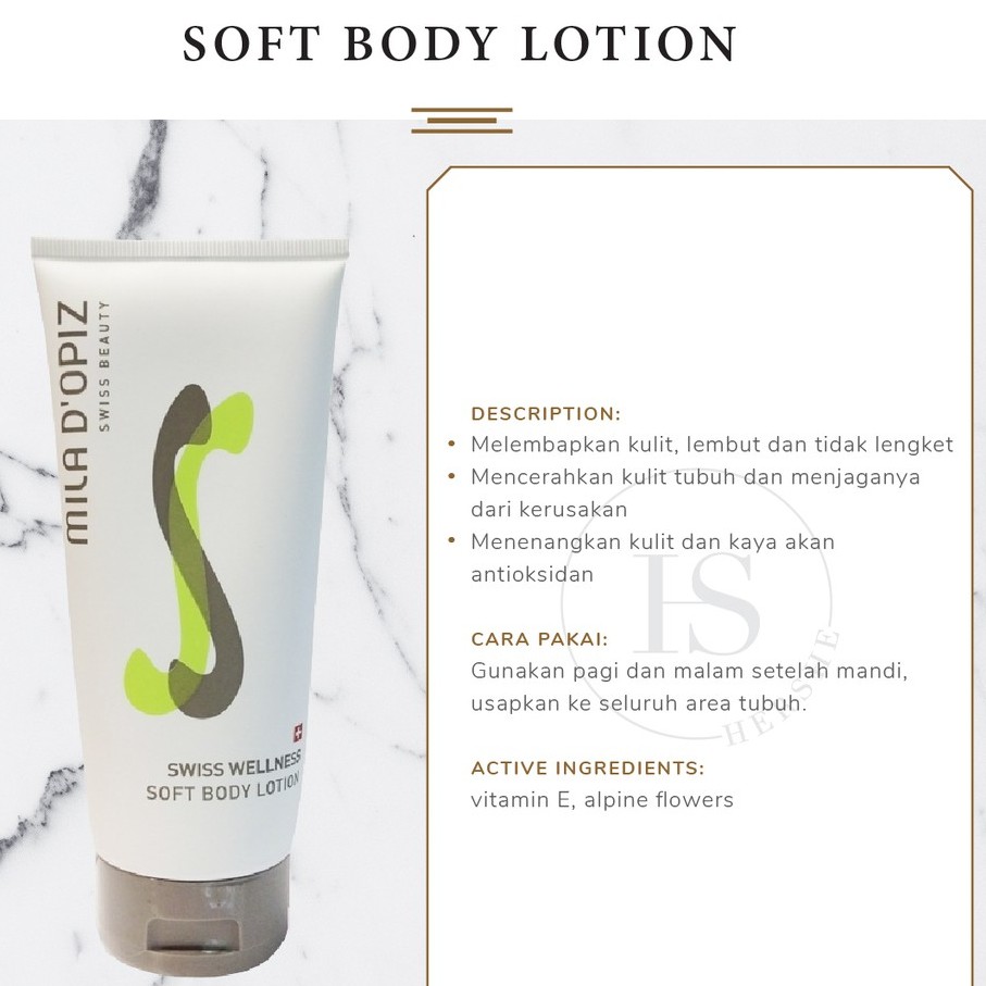 MILA D'OPIZ Swiss Wellness Soft BODY LOTION 200ML / MILADOPIZ BodyLotion Mencerahkan Mengencangkan kulit