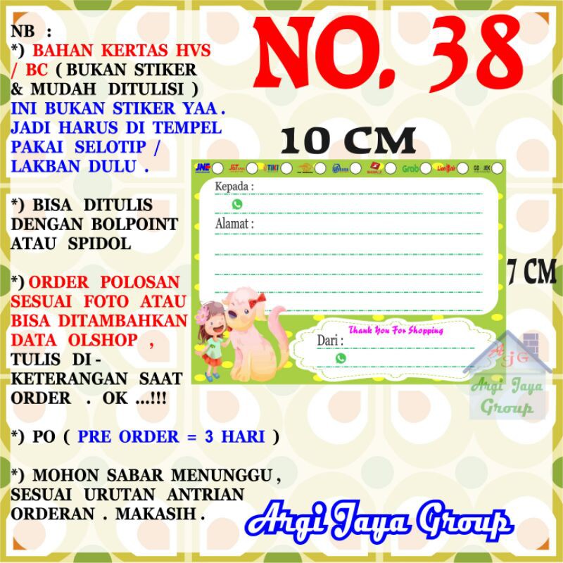 

Label Pengiriman Alamat Olshop Murah Nomer 38 - 10x7cm - Kertas BC (Manila)