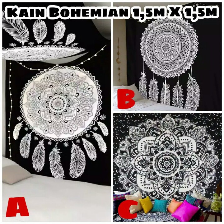 READY KAIN BOHEMIAN 1,5M X 1,5 M] Kain Tapestry Motif Kipas / Sarong Mandala Bali / Pantai