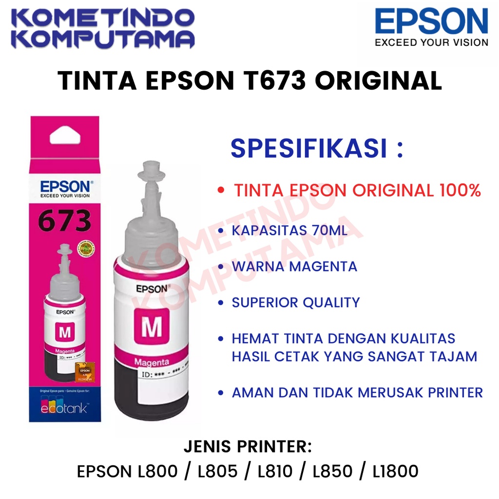 T 673 MAGENTA 70ml Tinta Epson Original Untuk Epson L800, L805, L850, L1800 T673 ORIGINAL 100% 673