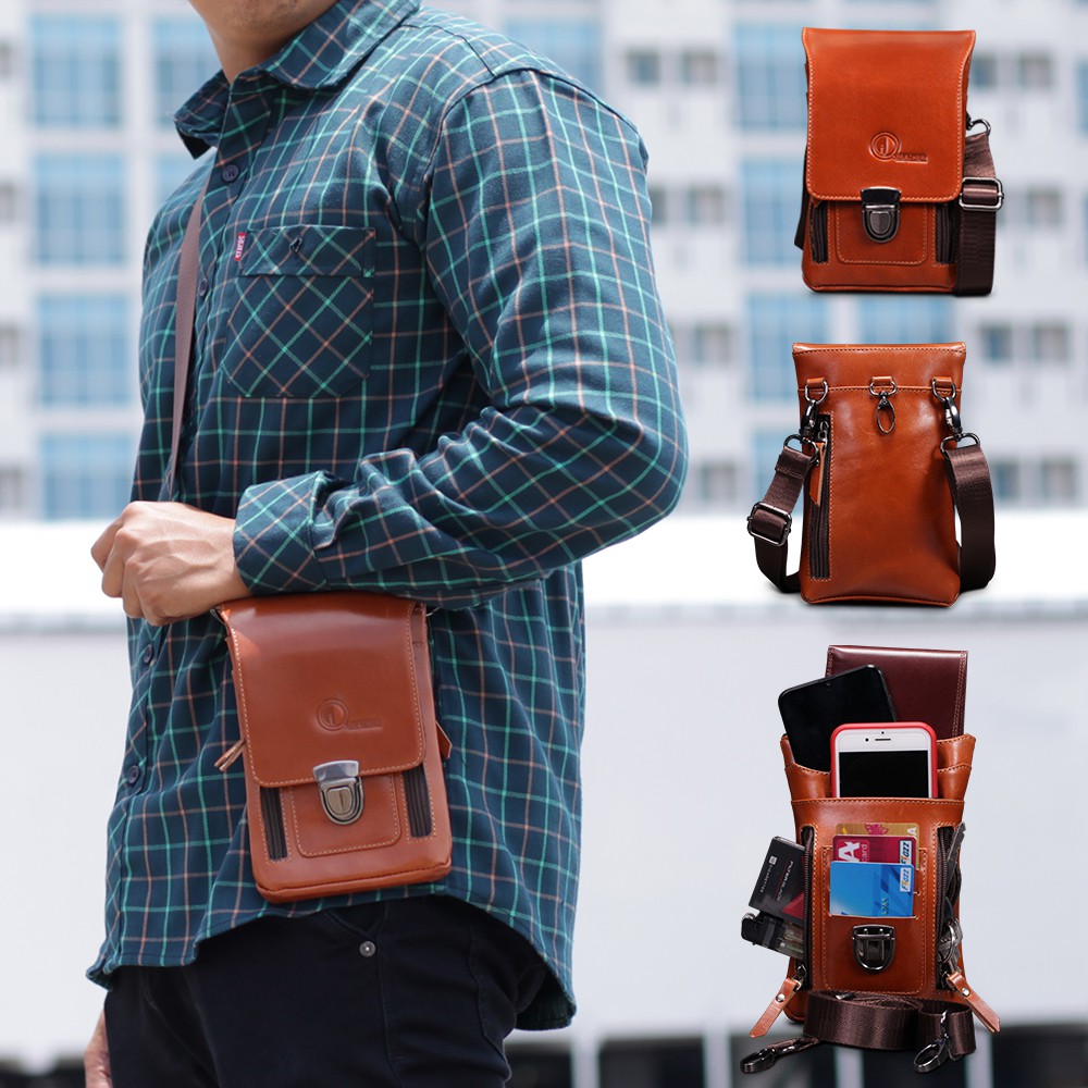 Tas Selempang MINI PRIA Sling Bag Multifungsi Bahan Kulit Sapi Asli Merk QI LEATHER