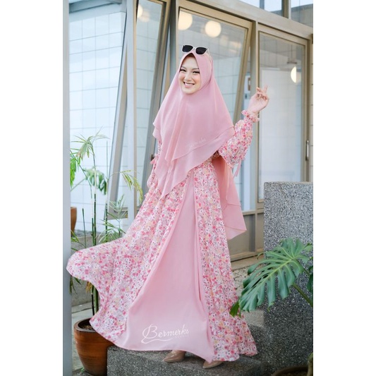 Ori Bermerk set gamis + hijab/khimar, gamis syar'i new arrival, model kekinian terlaris termurah