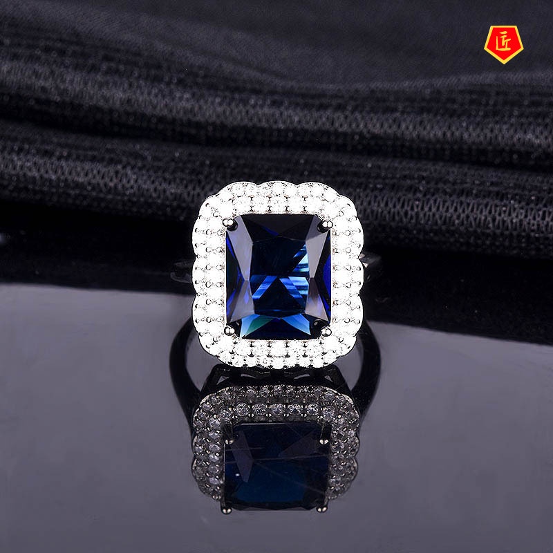 [Ready Stock]Luxury Elegant Inlaid Emerald Square Diamond Open Ring