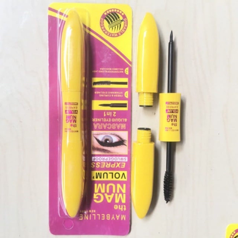 Mascara eyeliner 2 In 1 MAYBELLINE MAGNUM - Maskara curling lash volume express