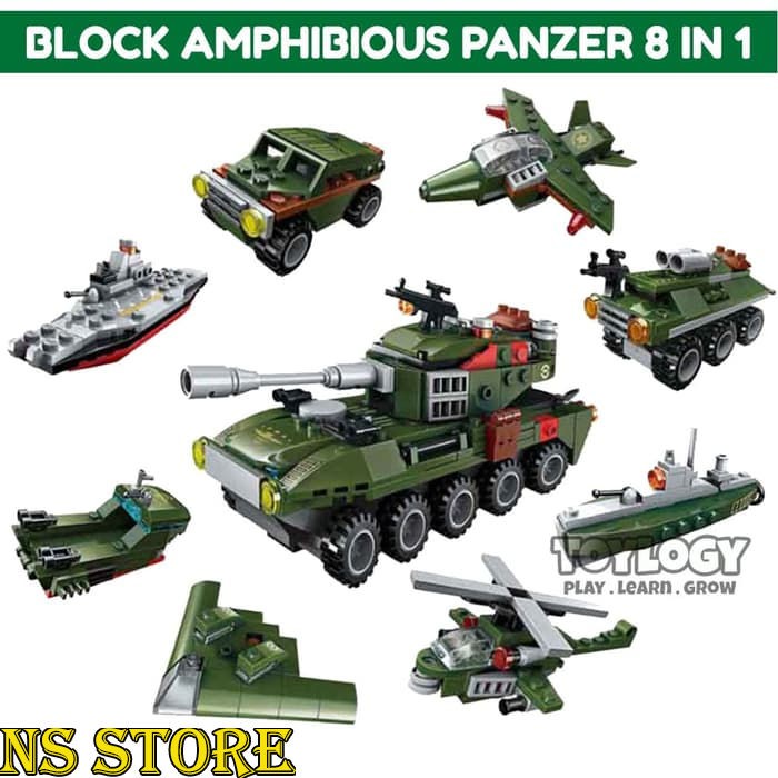 Mainan Block Anak Qman Amphibious Panzer Tank 8in1 Balok Brick 1803 TL