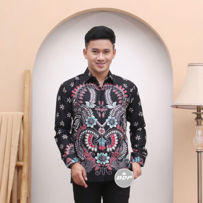 ATASAN KEMEJA HEM BATIK PRIA LENGAN PANJANG M L XL WARNA KOMBINASI HITAM MERAH BIRU TOSCA PUTIH MOTI