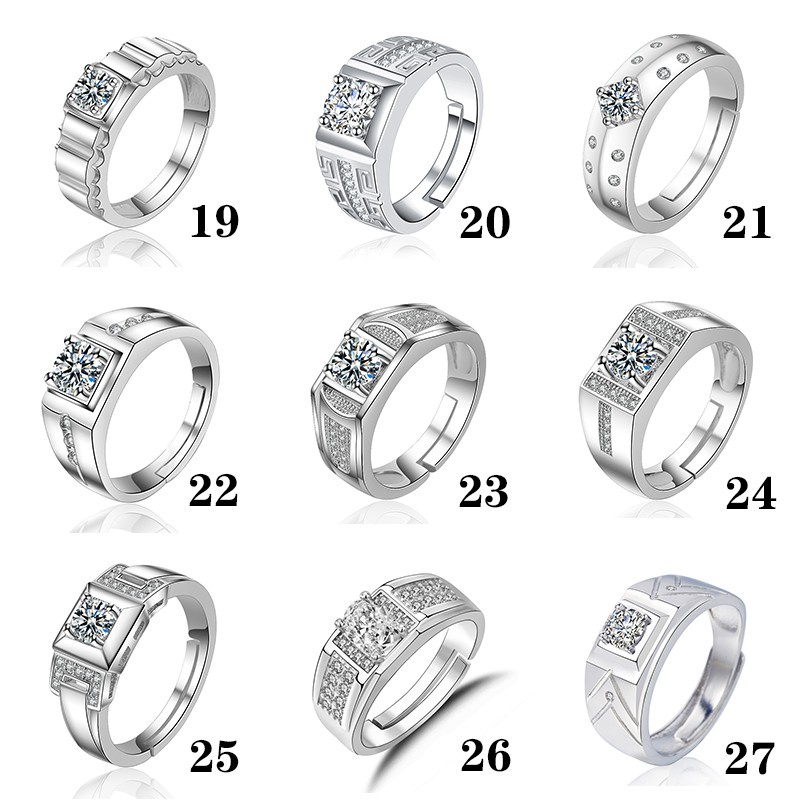 Cincin Silver S925 Pria Adjustable Hias Kristal Berlian Zirconia Untuk Pernikahan