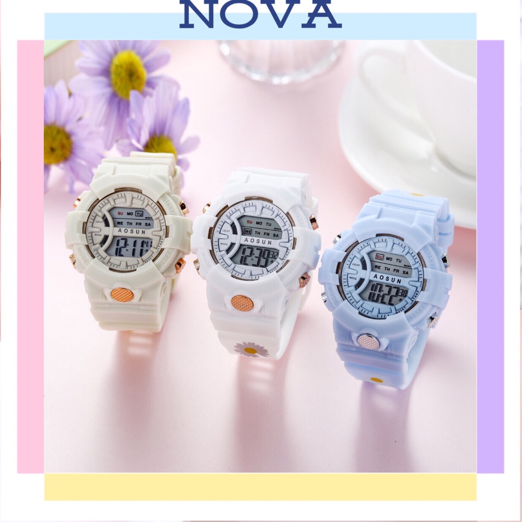 [Nova Watch] Jam Tangan Digital Wanita Pria Fashion Sport Gaya Bunga Aster Kecil Rubber Bulat Watch 