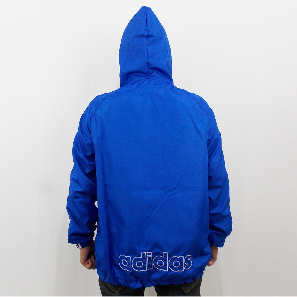 JAKET ADIDAS PARASUT WINDBREAKER BIRU LIST PUTIH  - JAKET PARASUT RUNNING - JAKET OLAH RAGA XL XXL