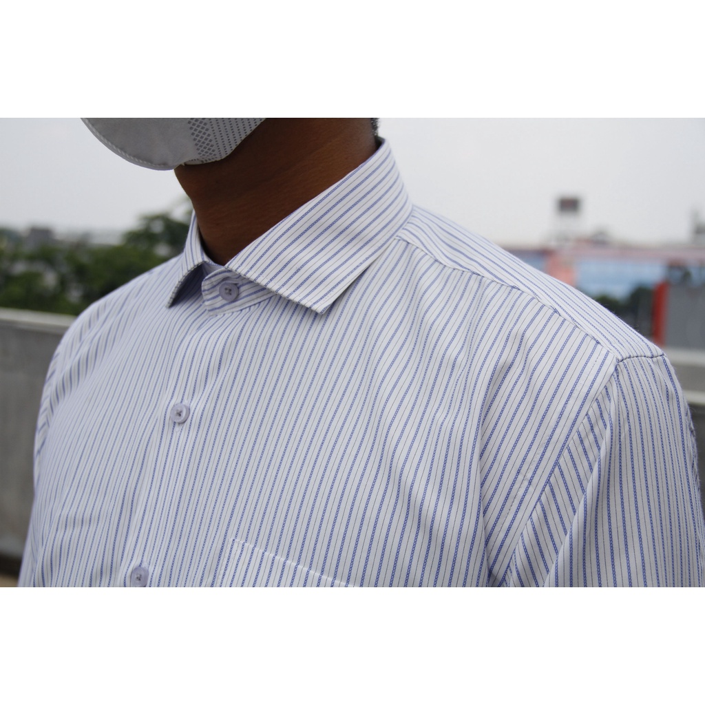 Kemeja Kerja  Formal STANLEY ADAMS Reguler Fit Putih Biru Salur Lengan Panjang 05 Ukuran Big Jumbo Size S M L XL XXL XXXL 2XL 3XL 14.5 15 15.5 16 16.5 17