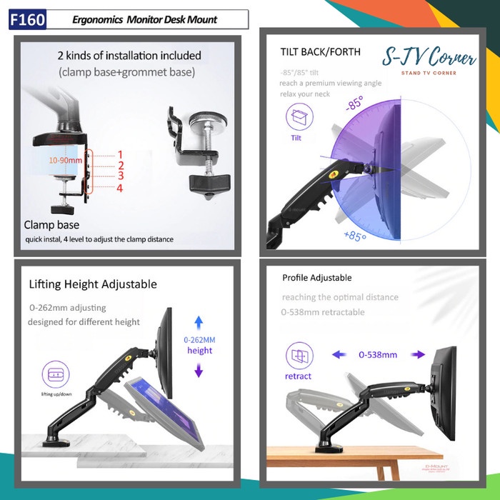 Bracket Monitor LED LCD 13 - 27 inch, Gas Spring, Dual Arm Monitor