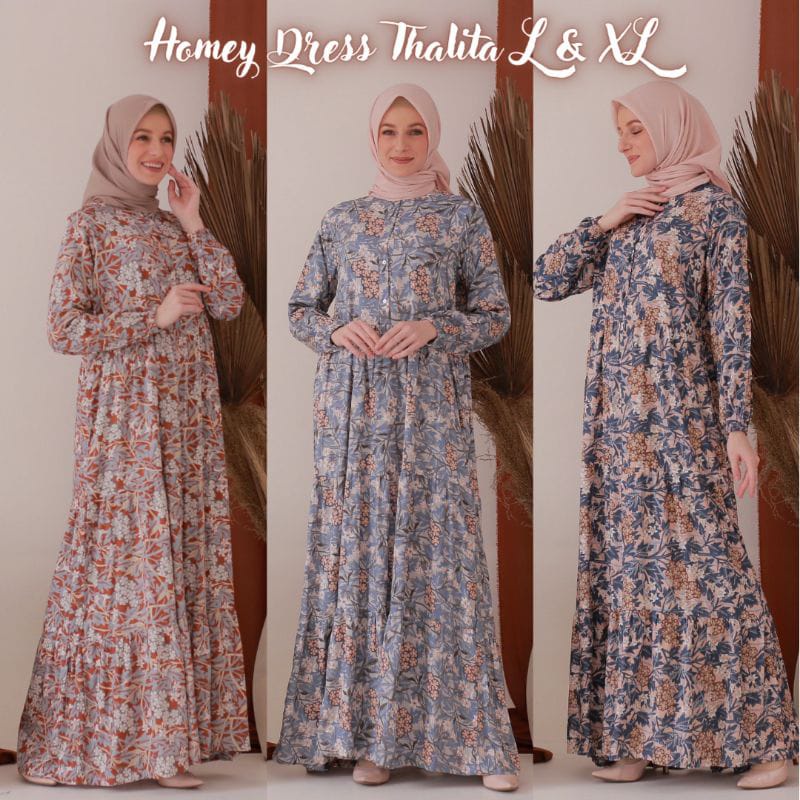 New - Gamis Dewasa Jumbo/Homey Dress Thalita XL-Bahan Katun Rayon Premium Motif Flower-Busana Muslimah Dewasa