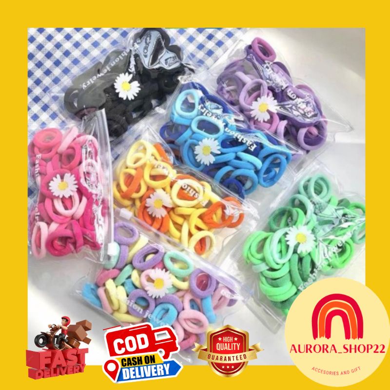 [COD] 50 pcs Free Pouch Ikat Rambut Donat Ikat Rambut Korea Warna Warni Rainbow kunciran Rambut Kuncir Rambut Wanita