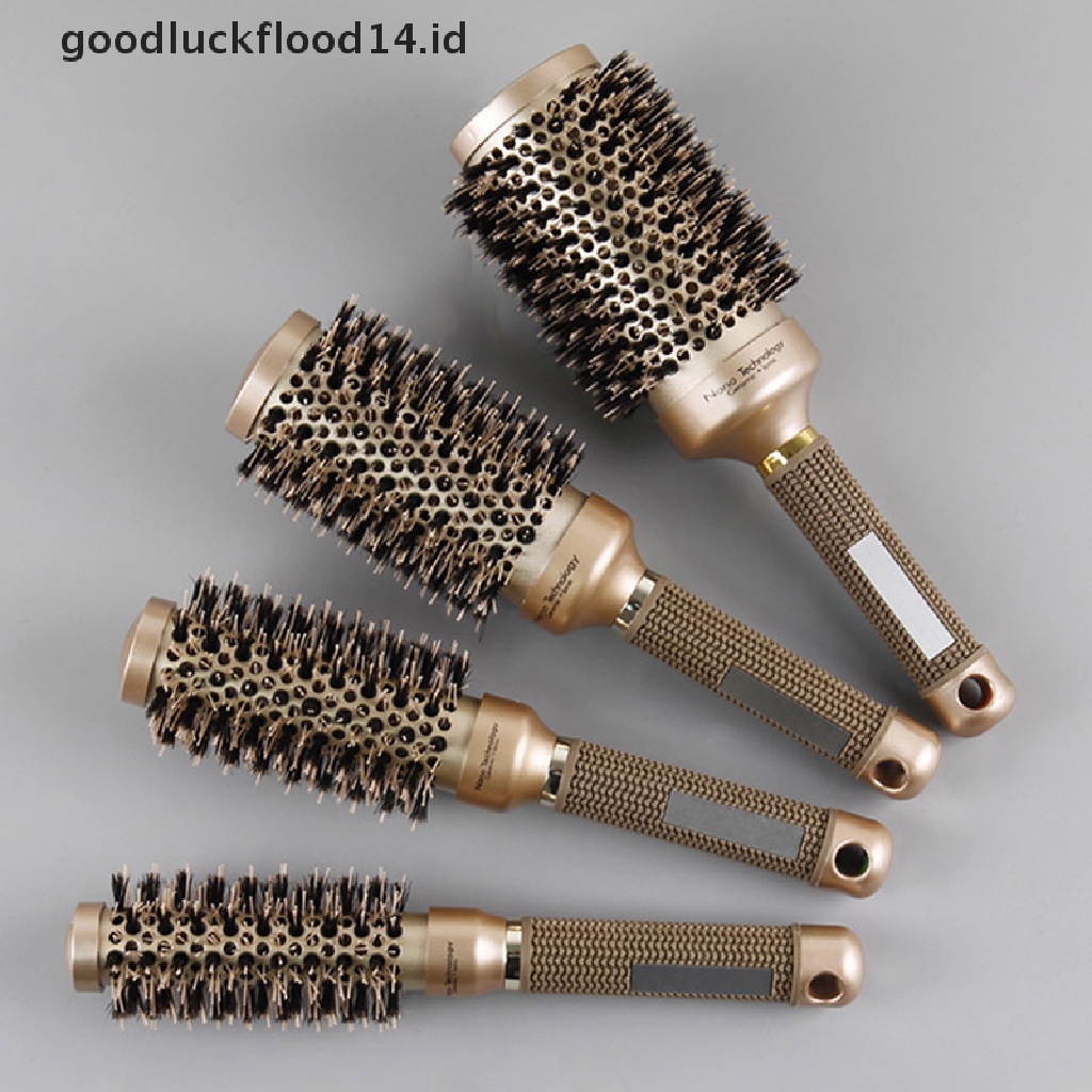 [OOID] Professional Thermal Ceramic Ionic Round Barrel Anti Slip Handle Gold Hair Brush ID