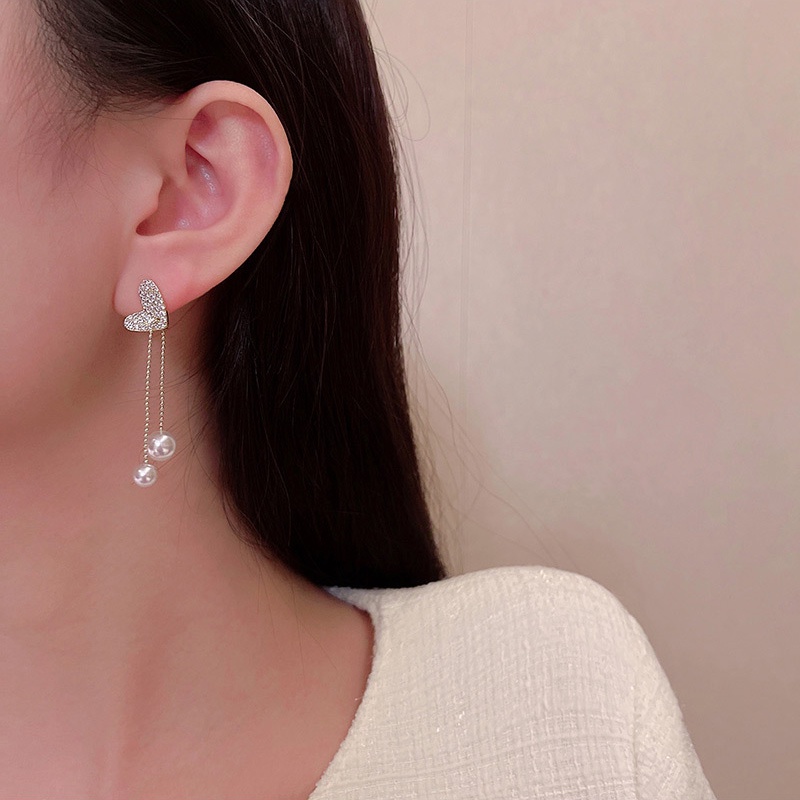 Anting Gantung Panjang Model Hati Dengan Rumbai Mutiara Bahan silver 925 Untuk Wanita