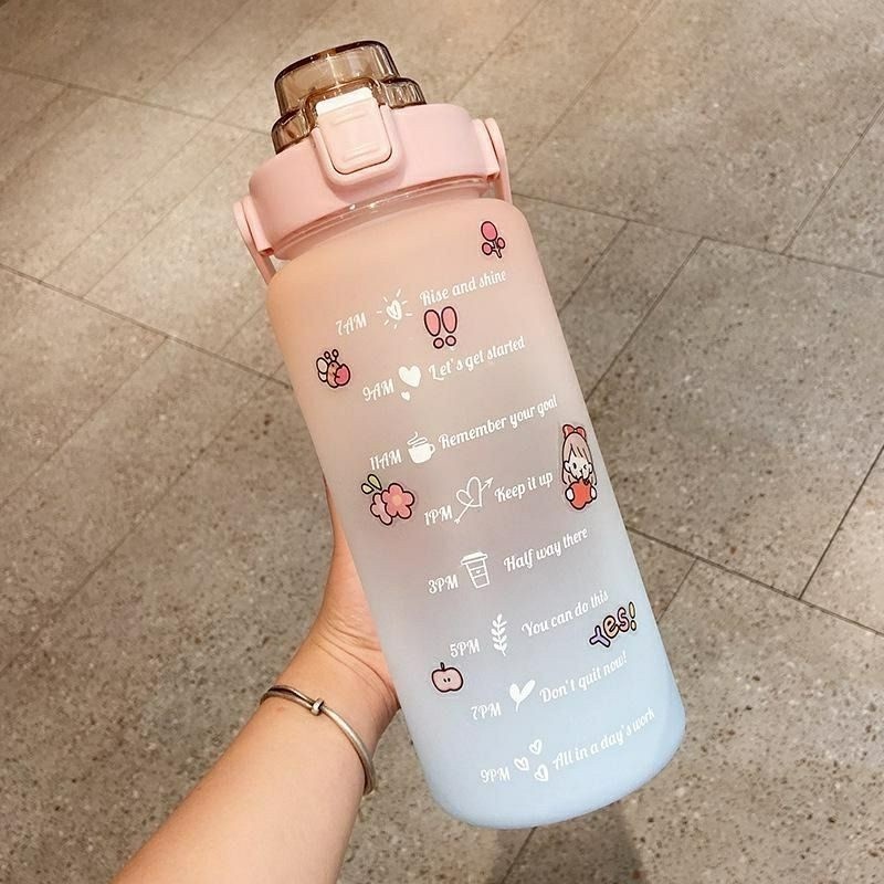 BESAR JUMBO GRATIS Stiker BOTOL VIRAL KOREA 2 LITER Minum Motivasi 2000ml 2L Waktu Tumbler Air Sekolah Kerja Trend Laris Karakter Sedotan-1
