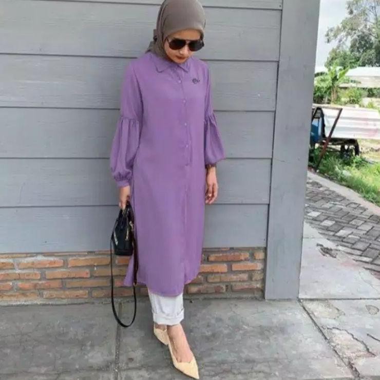 Bagus Banget - TUNIK DIANARA Atasan wanita muslim panjang long tunic ungu lilac busui kancing kekini