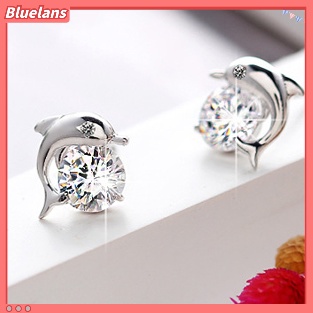 Anting Stud Bentuk Lumba-Lumba Bahan Cubic Zirconia Lapis Silver Untuk Wanita