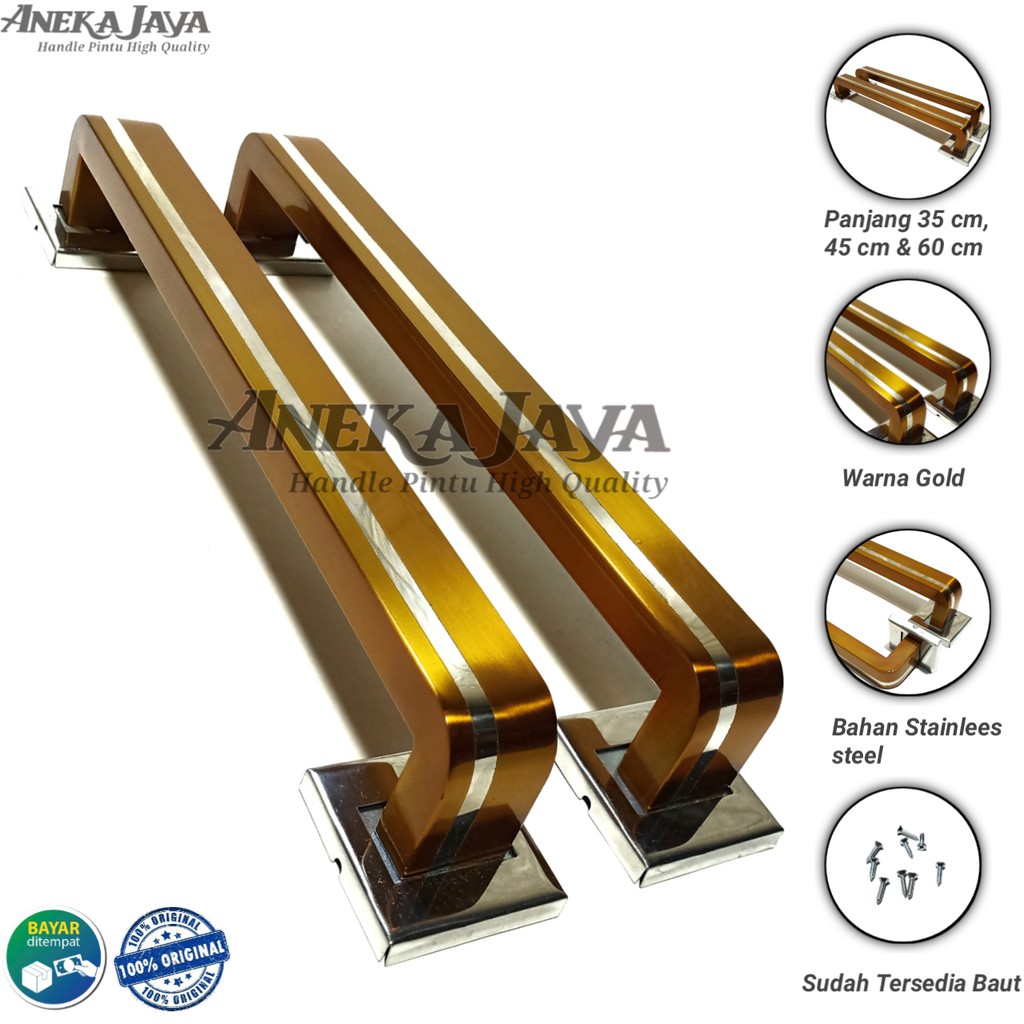 Handle Pintu Rumah Panjang 35 cm 45 cm 60 cm warna Gold kuning emas / Gagang Pintu Rumah Stainless