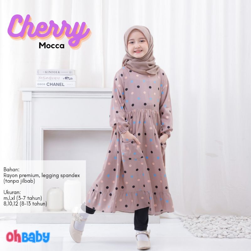 SET MUSLIM ANAK MIDI DRESS LEGGING CHERRY MOCCA POLKADOT MERK OHBABY USIA 3-4 TAHUN