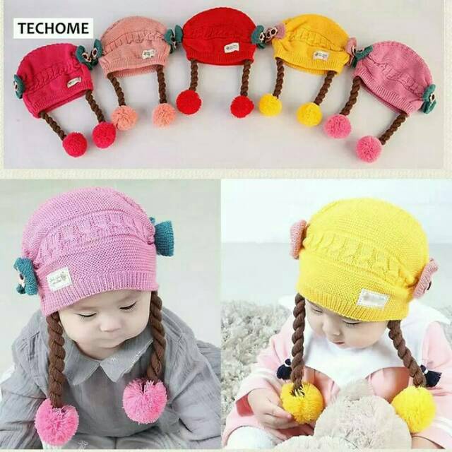 Topi Bayi Kupluk Rambut Kepang Motif Pita / Kupluk Baby Newborn Kepang Rambut