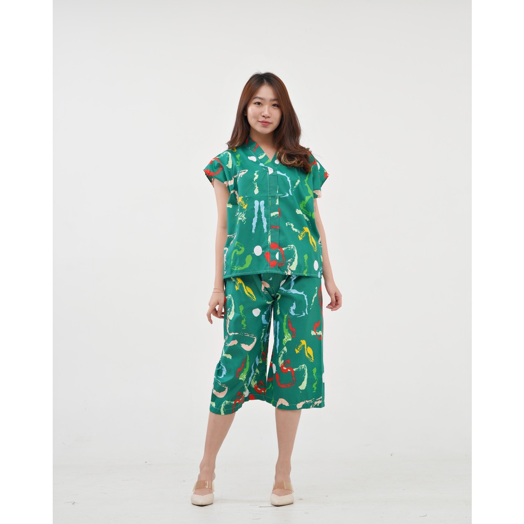 IZANY Piyama Dewasa Kimono Kulot / SET Kimono Kulot V Banyak Motif-HAVANA GREEN