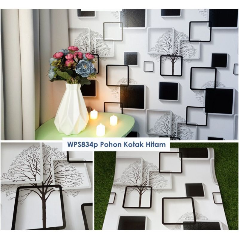 WALLPAPER DINDING KOTAK 3D HITAM 10M X 45CM