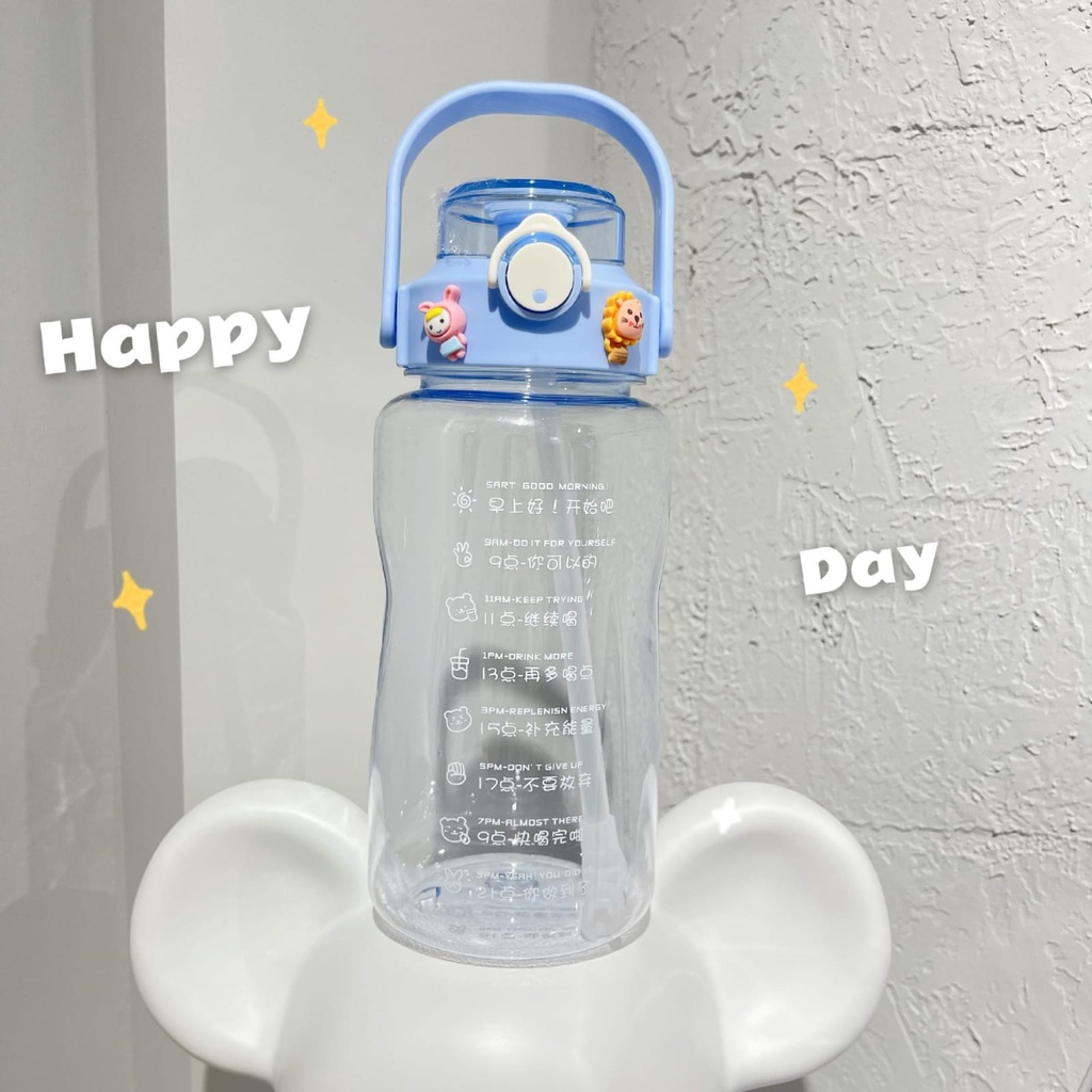 Reseller Welcome – Bo5244 Botol Minum Sedota 1500 ML & 2000 ML / Botol Minum Cute 1,5 L & 2 L + Stiker / Botol Minum Stiker Lucu & Unik-Biru Muda