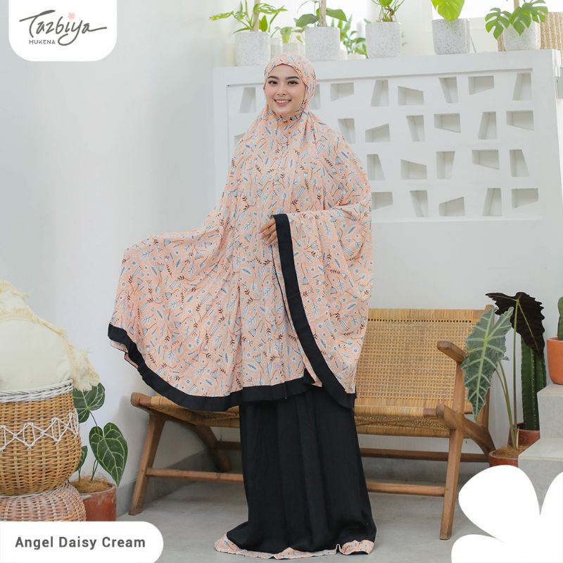 Mukena Tazbiya Angel Daisy Grey Blue Cream Jumbo Dewasa Katun Rayon Adem Motif Cantik Treveling