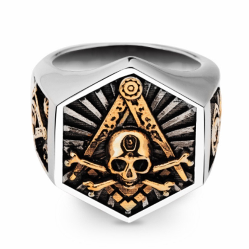 Cincin Desain Tengkorak Freemason Totem Heksagonal Masonic Untuk Pria